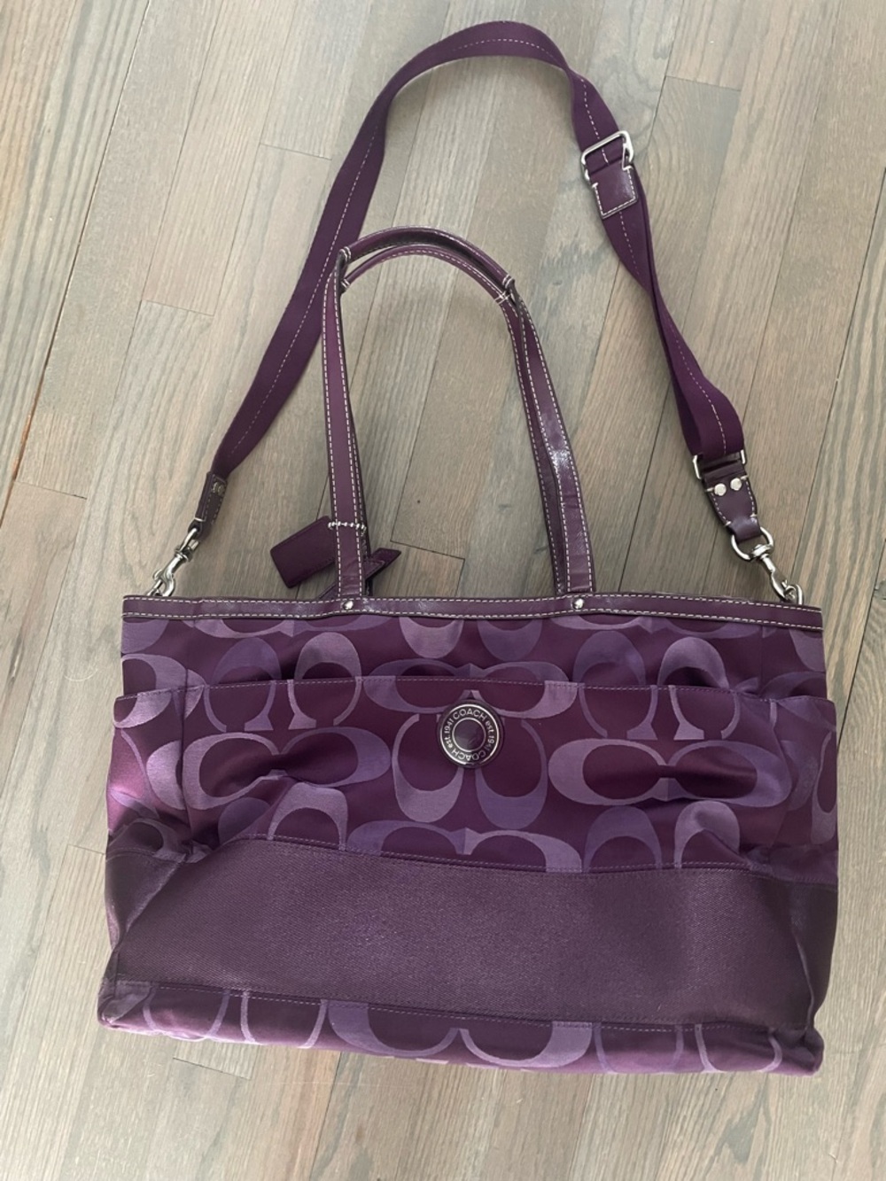 Coach Plum Signature Multifunctional Canvas Tote with Adjustable Strap